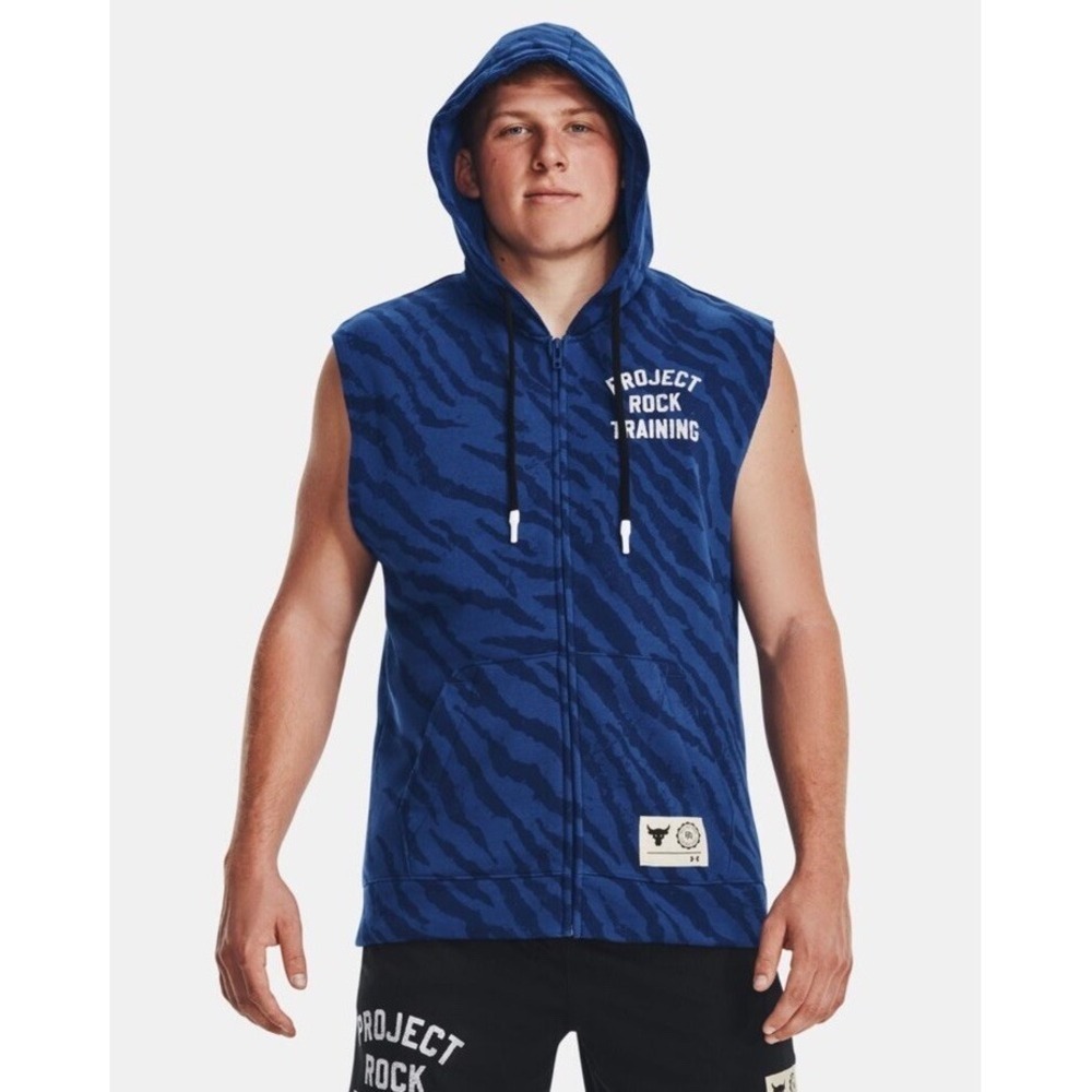 UNDER ARMOUR Project Rock Rival Sleeveless Fleece Hoodie Blue Men's M *NEW* $80